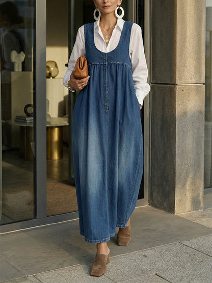 A-Line Loose Pleated Pockets Solid Color U-Neck Maxi Dresses