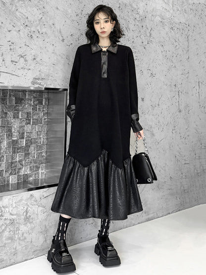 A-Line Long Sleeves Buttoned Split-Joint Polo Midi Dresses Sweater Dresses