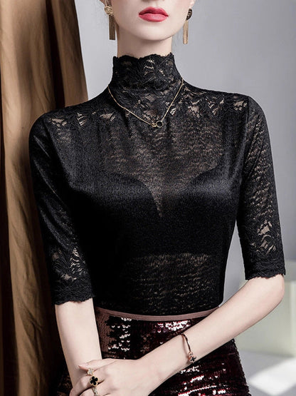 False Two Half Sleeves Slightly Sheer Split-Joint Textured High Neck T-Shirts Tops