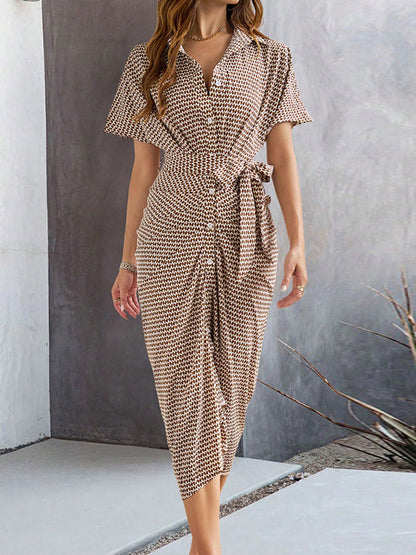 Half Sleeves High Waisted Buttoned Pleated Tied Waist V-Neck Midi Dresses