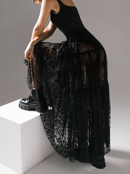 A-Line High Waisted Elasticity Hollow Jacquard Mesh See-Through Split-Joint Skirts Bottoms