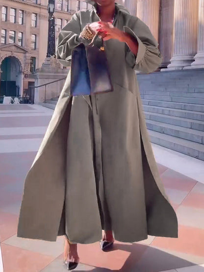 Long Sleeves Loose Solid Color Split-Joint Split-Side Lapel Maxi Dresses Shirt Dress