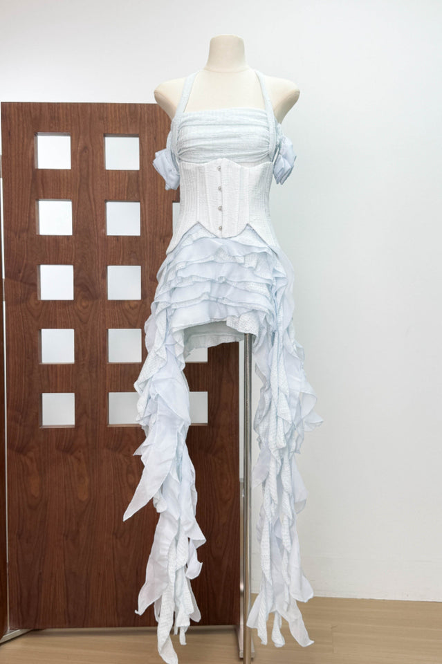 Ivria Halterneck Ruffled Draped Dress