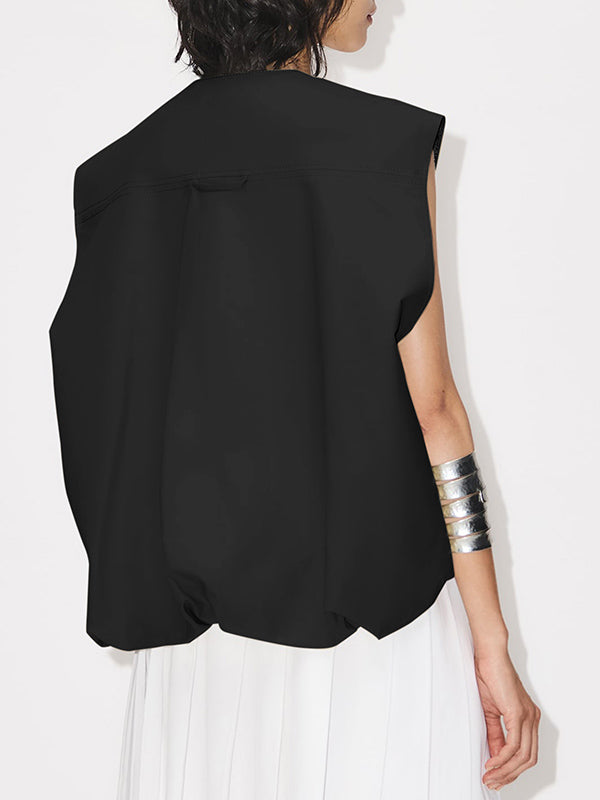 Gilet ample sans manches à poches fendues et fermeture éclair à col rond 