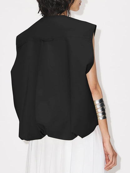 Gilet ample sans manches à poches fendues et fermeture éclair à col rond 