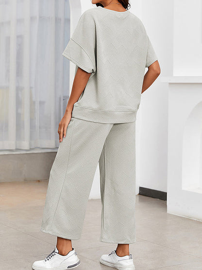 Loose Short Sleeves Solid Color Round-Neck T-Shirt Top + Drawstring Elasticity Pockets Pants Botttom Two Pieces Set