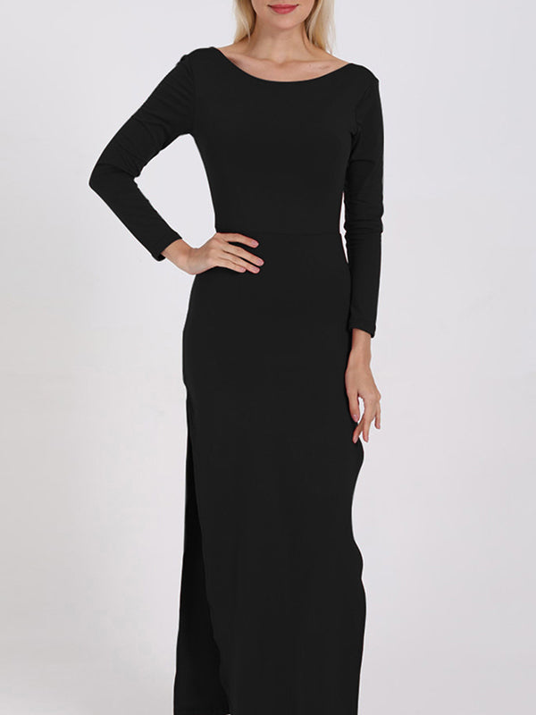 Bodycon Long Sleeves Backless Solid Color Split-Joint Split-Side Round-Neck Maxi Dresses