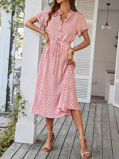 A-Line High Waisted Buttoned Drawstring Polka-Dot V-Neck Midi Dresses