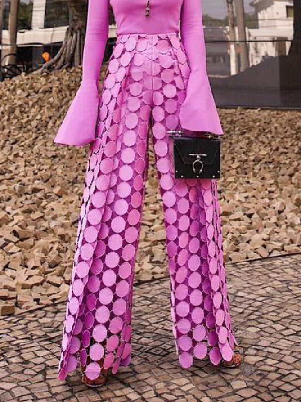 Solid Color Polka Dot Hollow Wide Leg High Waisted Trousers Pants
