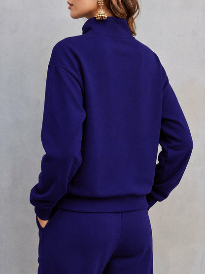 Solid Color Buttoned Loose Long Sleeves Stand Collar Sweatshirt Tops