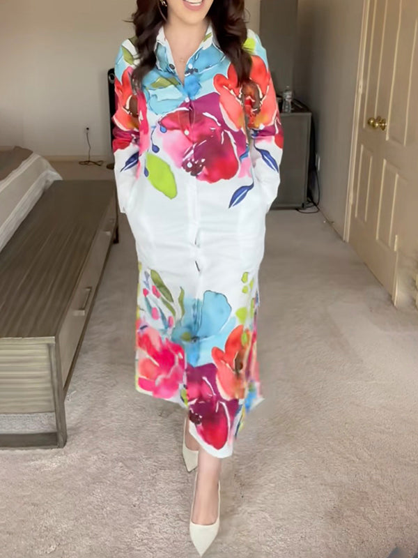 Long Sleeves Loose Buttoned Flower Print Lapel Maxi Dresses Shirt Dress
