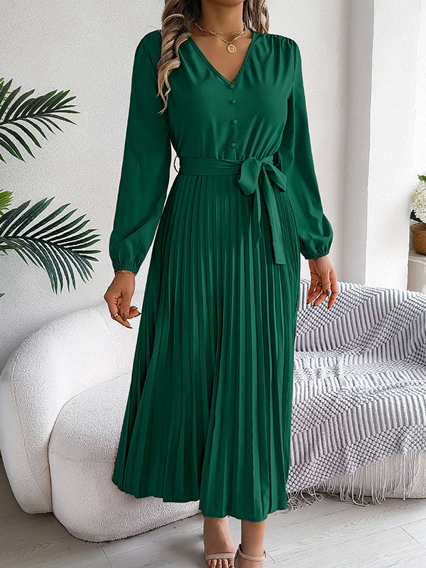 High Waisted Long Sleeves Belted Buttoned Pleated Solid Color V-Neck Maxi Dresses