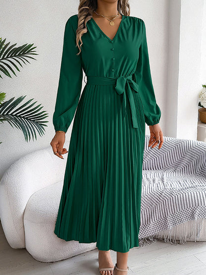 High Waisted Long Sleeves Belted Buttoned Pleated Solid Color V-Neck Maxi Dresses