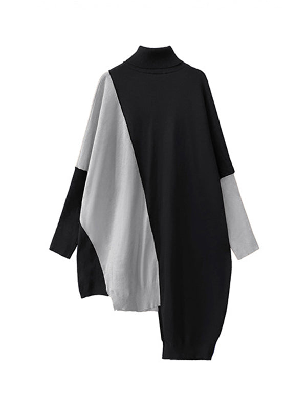 Batwing Sleeves Hipster Asymmetric Contrast Color Split-Joint High-Neck Midi Dresses Sweater Dresses