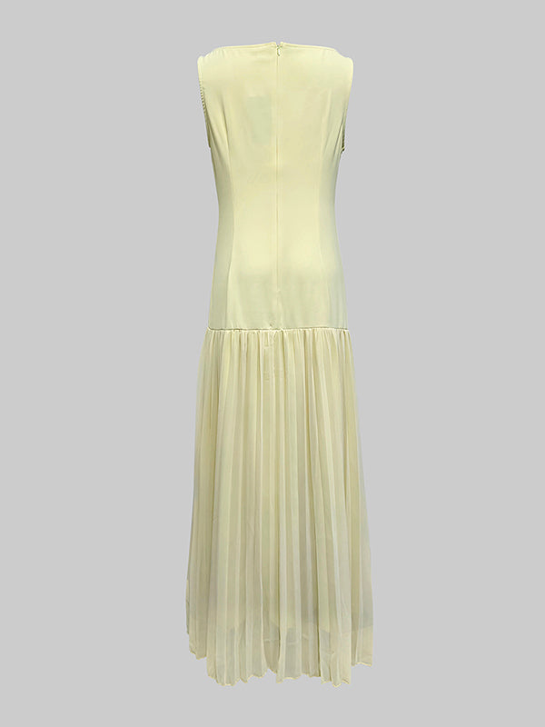 Sleeveless Gauze Pleated Solid Color Split-Joint Boat Neck Evening Dresses Maxi Dresses
