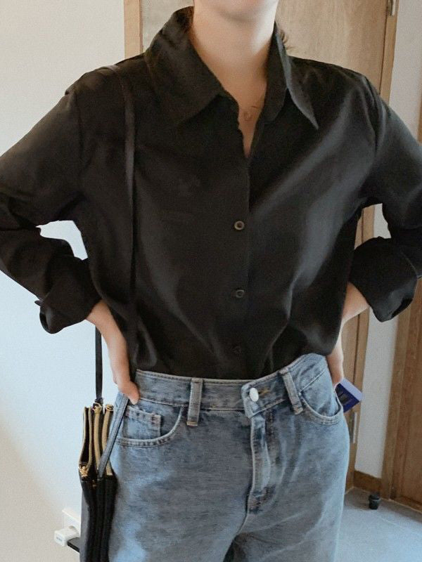 Long Sleeves Plus Size Buttoned Comfort Solid Color Lapel Blouses&Shirts Tops