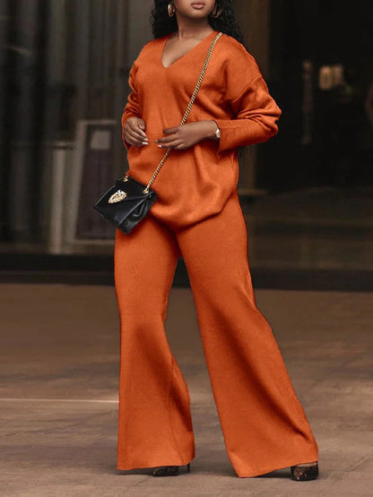 Long Sleeves Loose Solid Color V-Neck Pullovers