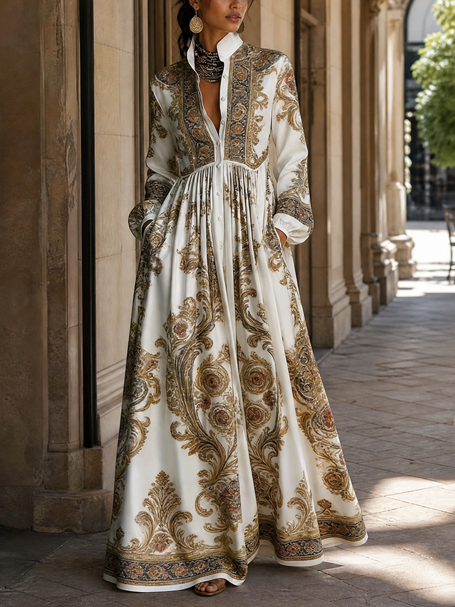 Split-Joint Printed Pockets Pleated Contrast Color Buttoned Plus Size Loose Stand Collar Maxi Dresses