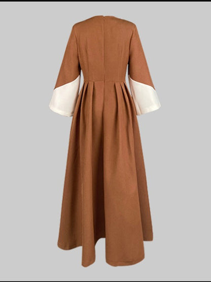 A-Line Long Sleeves Contrast Color Pleated Pockets Split-Joint High Neck Midi Dresses