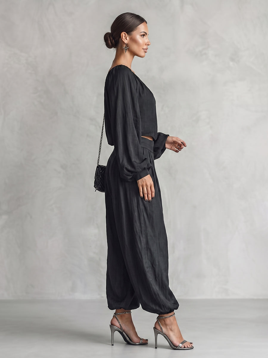 Pleated Solid Color One-Shoulder Cropped Blouses&Shirts Tops + High Waisted Pockets Pants Trousers Two Pieces Set
