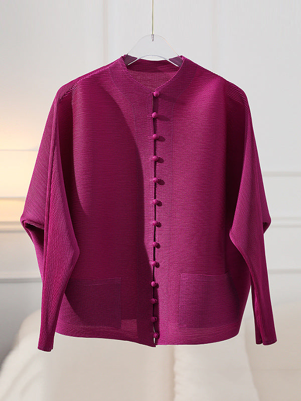 Manteau ample à manches longues, poches plissées boutonnées, couleur unie, col rond 