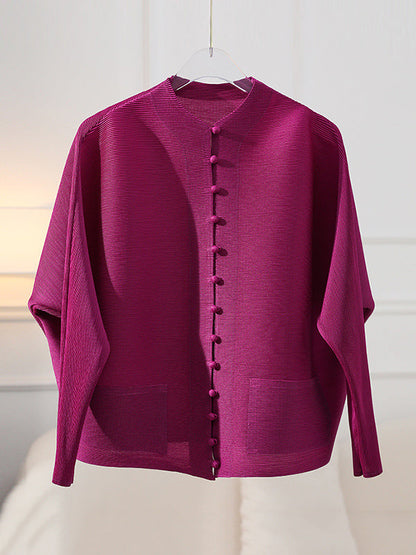 Manteau ample à manches longues, poches plissées boutonnées, couleur unie, col rond 