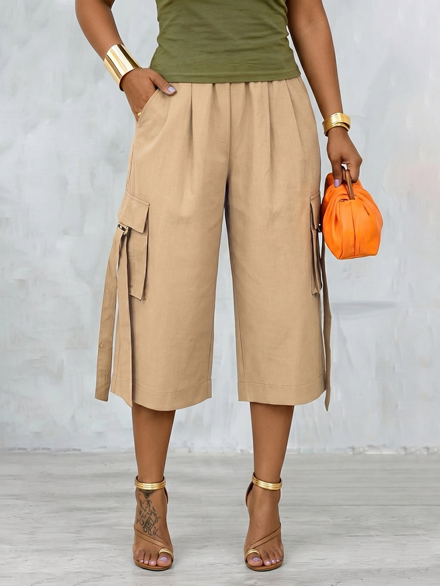 High Waisted Wide Leg Pleated Pockets Solid Color Split-Joint Streamer Cropped Trousers