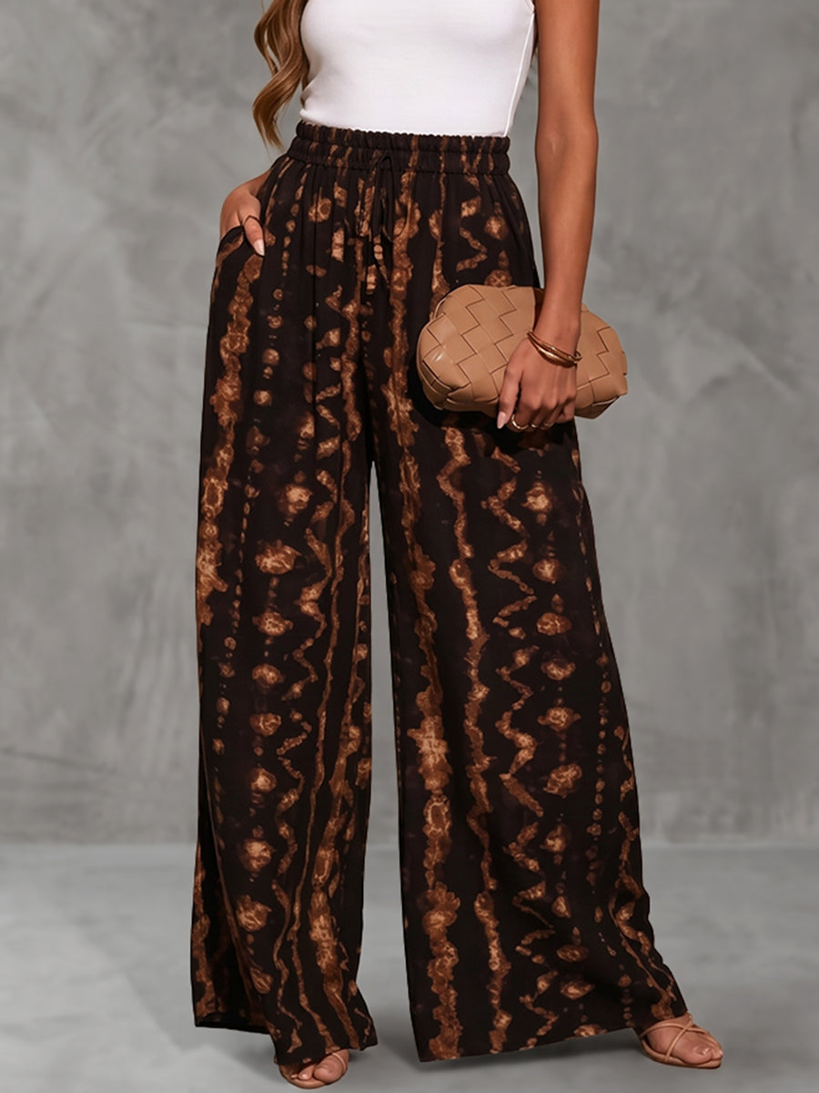 Wide Leg Contrast Color Elasticity Pockets Printed Tie Dye Pants Trousers