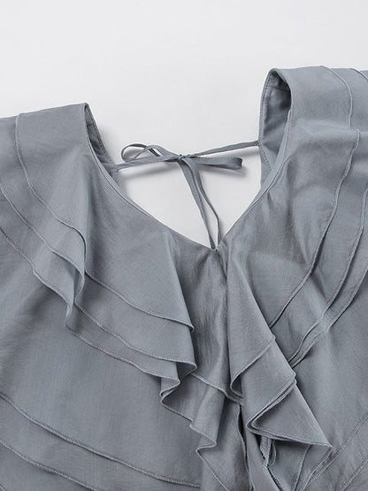 Long Sleeves Backless Ruffled Solid Color V-Neck Blouses&Shirts Tops