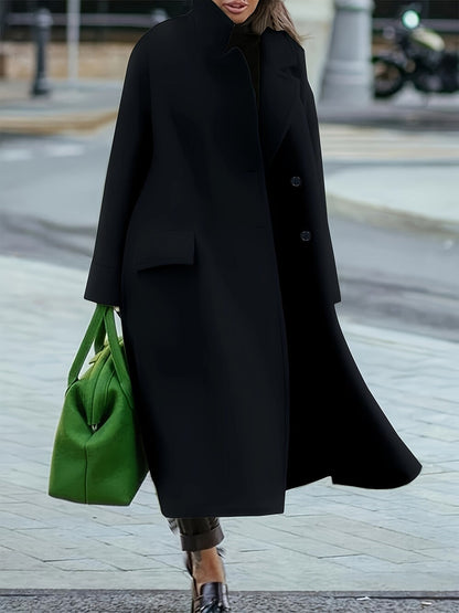 Split-Joint Solid Color Pockets Buttoned Loose Long Sleeves Stand Collar Woolen Coat