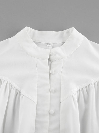 Long Sleeves Loose Buttoned Pleated Solid Color Split-Joint Stand Collar Blouses&Shirts Tops