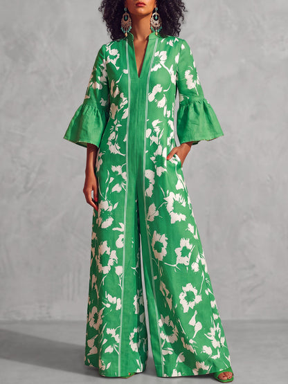 Zipper Pockets Flower Print Contrast Color Wide Leg Three-quarter Sleeves V-neck Jumpsuits