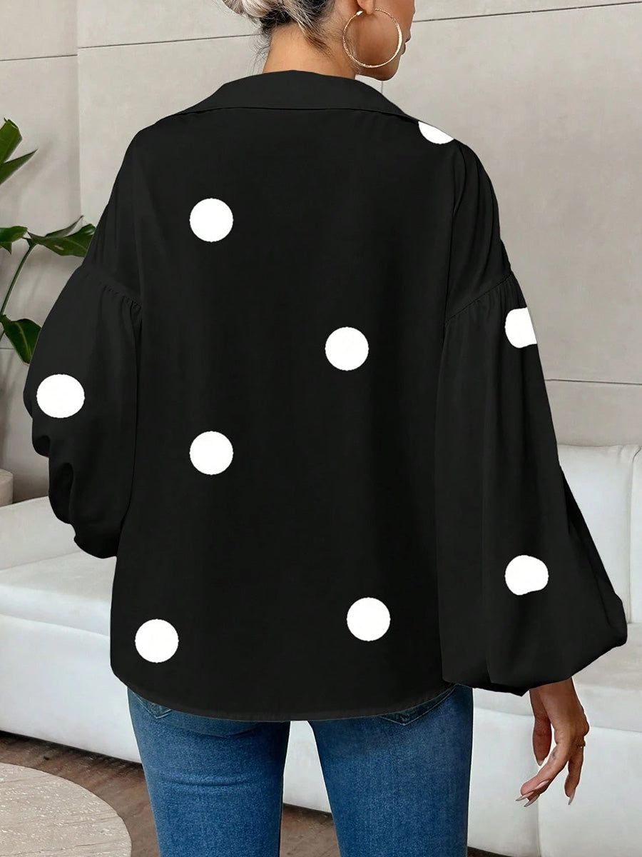 Long Sleeves Loose Contrast Color Pleated Polka Dot Split-Joint Lapel Blouses&Shirts Tops