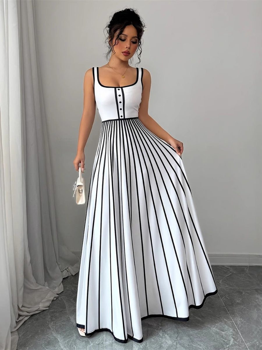 A-Line Sleeveless Contrast Color Pleated Split-Joint Striped Spaghetti-Neck Maxi Dresses