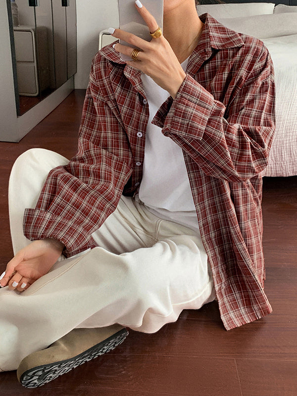 Long Sleeves Loose Buttoned Plaid Lapel Blouses&Shirts Tops