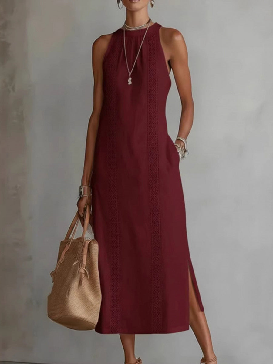 Sleeveless High-Waisted Pockets Printed Solid Color Halter-Neck Midi Dresses