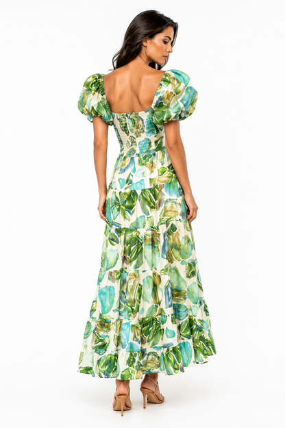 ERVA Botanica Escape Maxi Dress – Puff Sleeve Cutout Botanical Print Dress