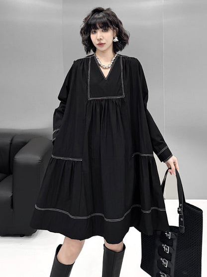 A-Line Long Sleeves Comfort Contrast Color Pleated V-Neck Mini Dresses