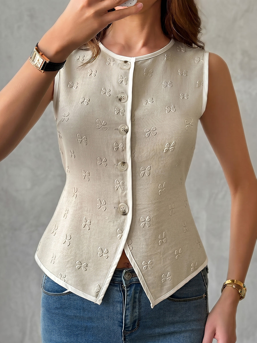 Sleeveless Buttoned Jacquard Round-Neck Vest Top