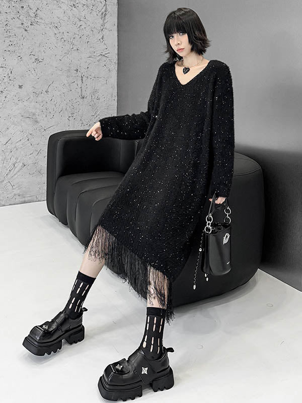 Irregularity Long Sleeves Contrast Color Sequined Shiny Split-Joint Tasseled V-Neck Midi Dresses Sweater Dresses