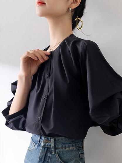 Half Sleeves Loose Buttoned Pleated Solid Color Round-Neck Blouses&Shirts Tops