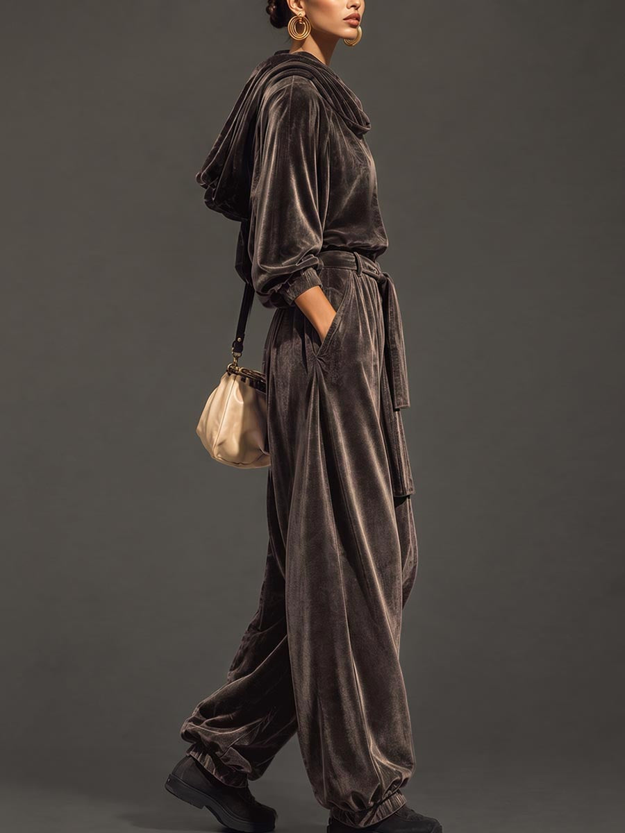 Solid Color Velvet Hooded Long Sleeves Hoodies&sweatshirt Tops + Tied Buttoned Pleated High Waisted Pants Trousers Two Pieces Set
