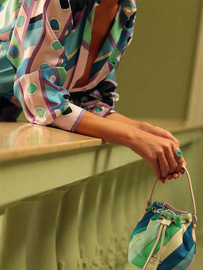 Long Sleeves Buttoned Contrast Color Printed Lapel Blouses&Shirts Tops + Pleated Bodycon Skirts Bottom Two Pieces Set