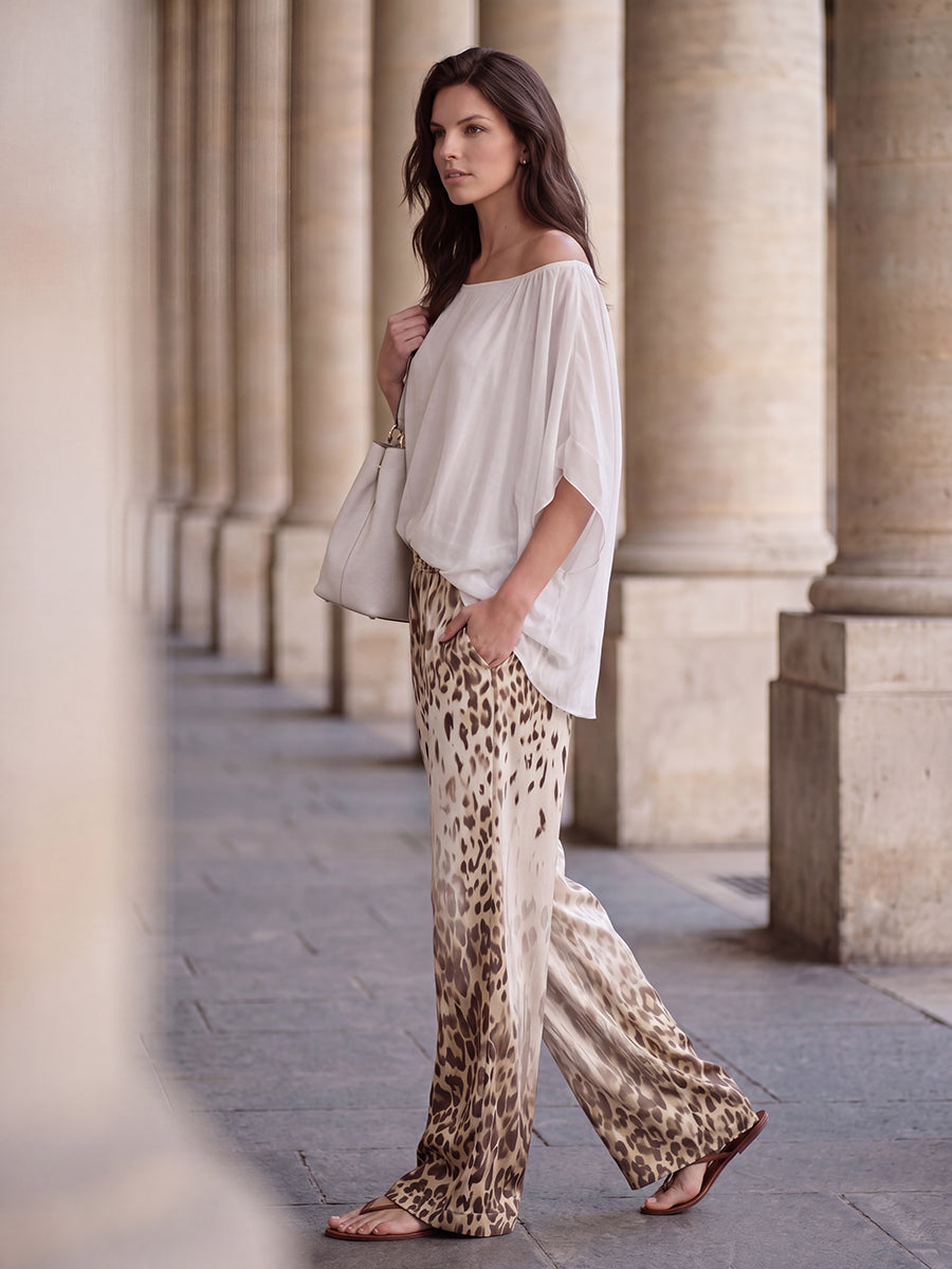 Pockets Leopard Gradient Elasticity Wide Leg Loose Wide Leg Pants Trousers