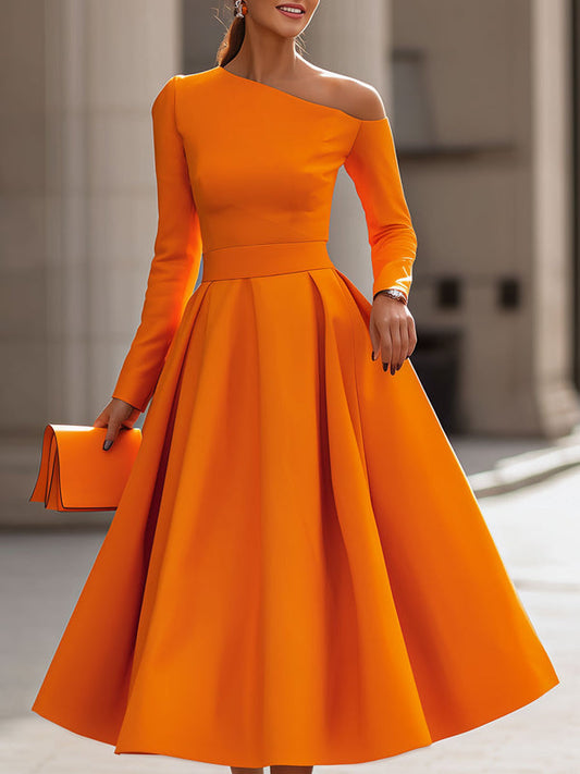 A-Line High Waisted Pleated Solid Color Zipper One-Shoulder Maxi Dresses