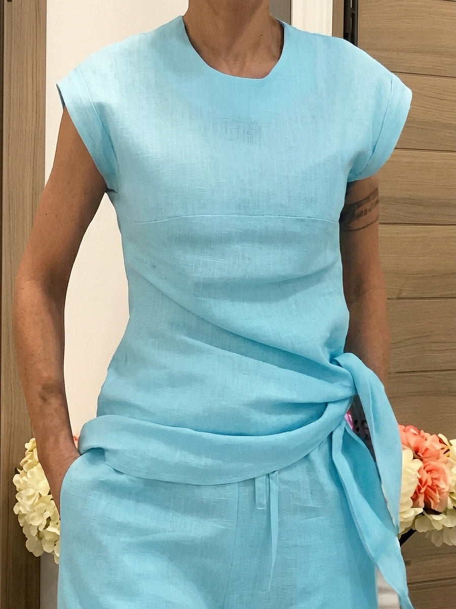 Sleeveless Solid Color Tied Round-Neck T-Shirts Tops