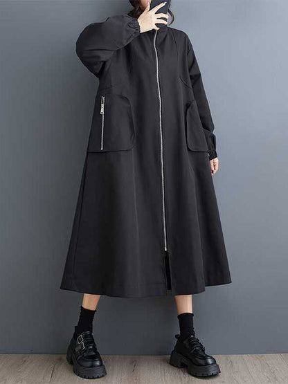 Long Sleeves Loose Elasticity Pockets Split-Joint Zipper High Neck Outerwear Trench Coats