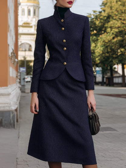 Long Sleeves Buttoned Solid Color Stand Collar Blazer Suit Outerwear