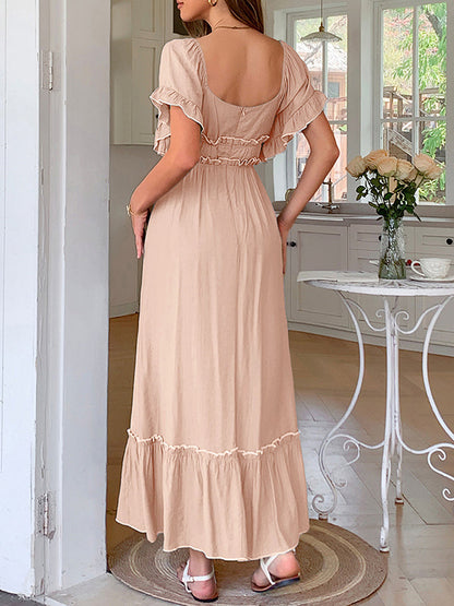 A-Line High Waisted Pleated Ruffle Trim Split-Joint Zipper Square-Neck Midi Dresses