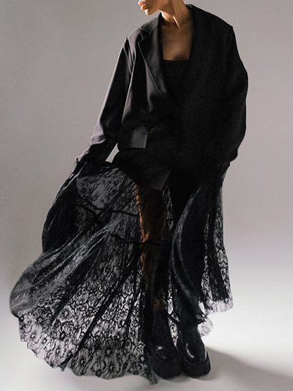 A-Line High Waisted Elasticity Hollow Jacquard Mesh See-Through Split-Joint Skirts Bottoms